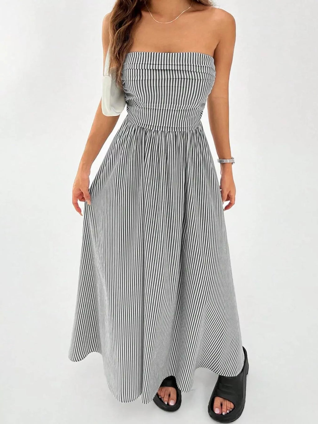 Striped strapless casual maxi dress by Simply Love, flowing design with bold vertical stripes, perfect for summer wear.