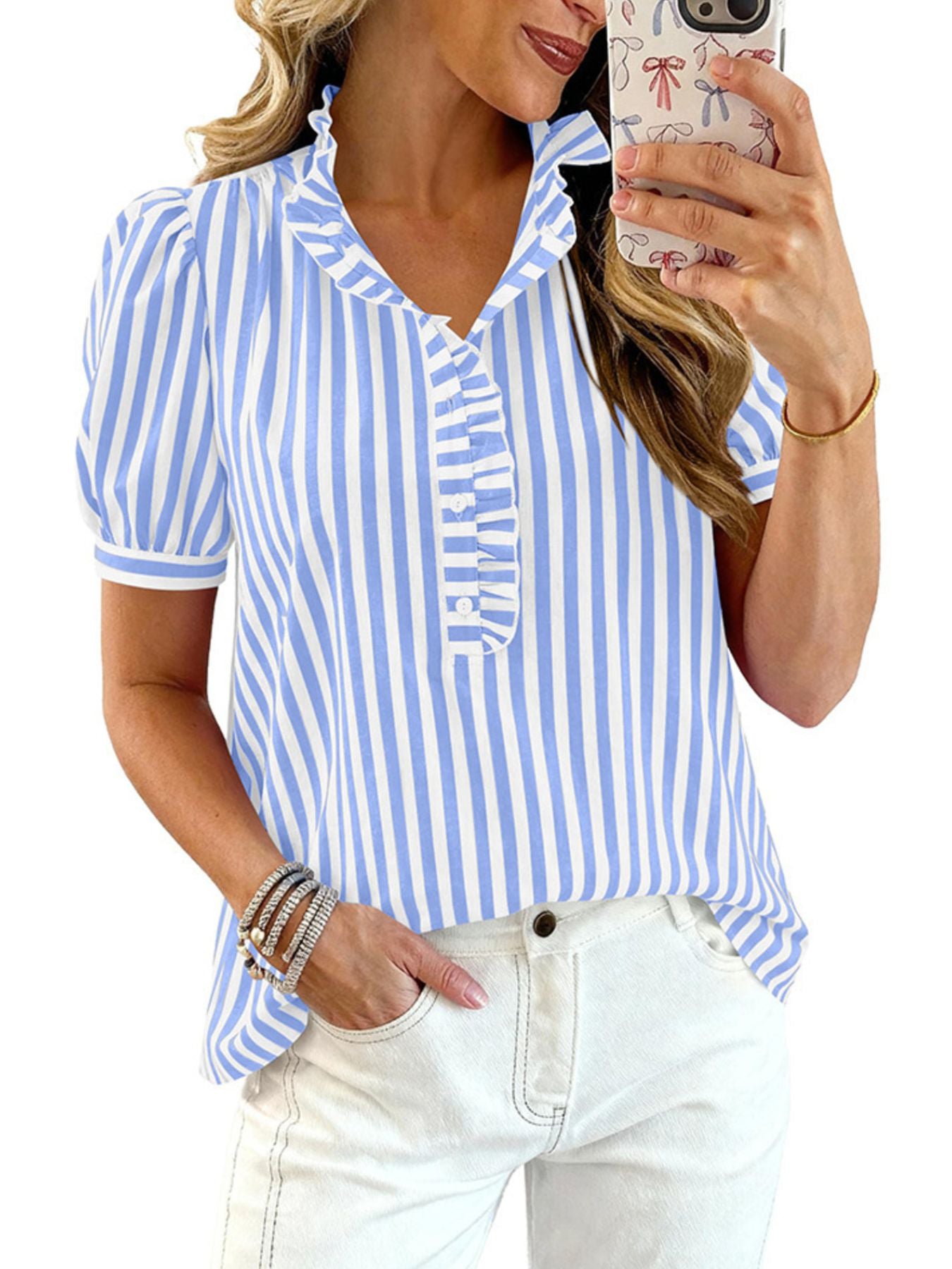 Women's striped puff sleeve blouse with ruffled details, stylish and feminine shirt from Trendsi.