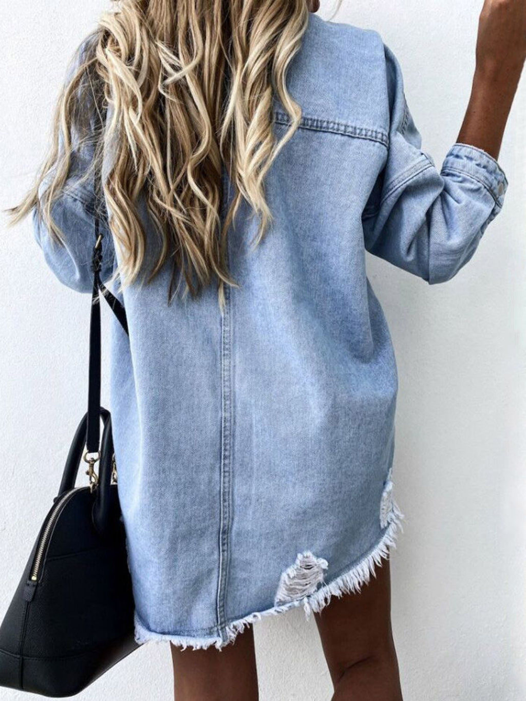VYSN raw hem collared neck long sleeve denim jacket, casual fashion piece with button closure and distressed details.