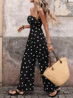 Plush Fashion Hub chic polka dot strapless wide-leg jumpsuit with a flowy, comfortable fit, perfect for stylish summer wear.