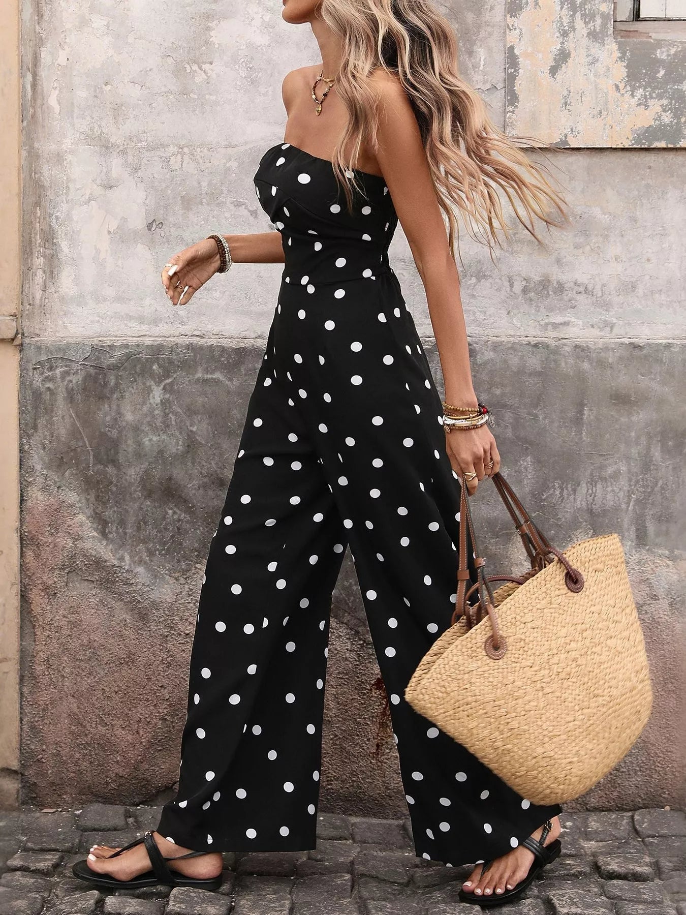Plush Fashion Hub chic polka dot strapless wide-leg jumpsuit with a flowy, comfortable fit, perfect for stylish summer wear.