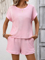 Striped casual round neck top and shorts set by Simply Love, featuring a comfortable, stylish design for everyday wear.