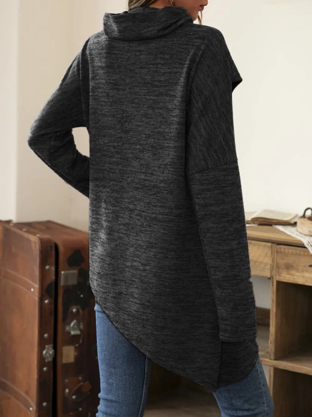 Trendsi asymmetrical hem cowl neck long sleeve t-shirt, stylish tops with unique hem and cozy long sleeves, in a versatile design.