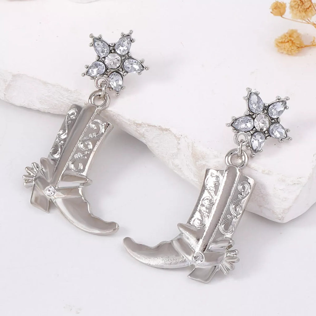 Western style dangle earrings featuring cowboy boot design, perfect for fashion accessories and stylish outfits.