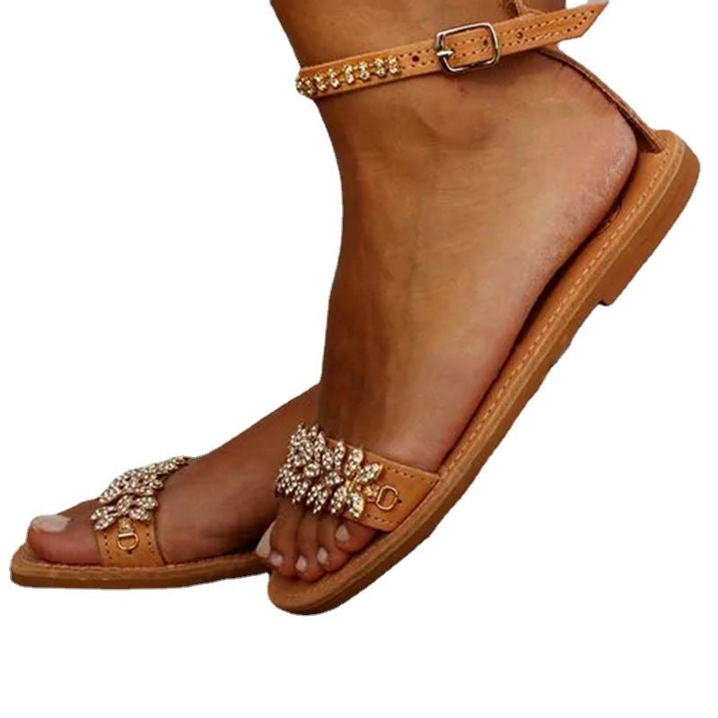 Women's flat sandals with rhinestone-embellished word buckle straps, large size, by Plush Fashion Hub in fashionable style.