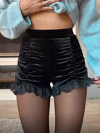 Velvet ruched lace trim shorts by Shopimist featuring soft fabric, delicate lace accents, and a stylish ruched design.