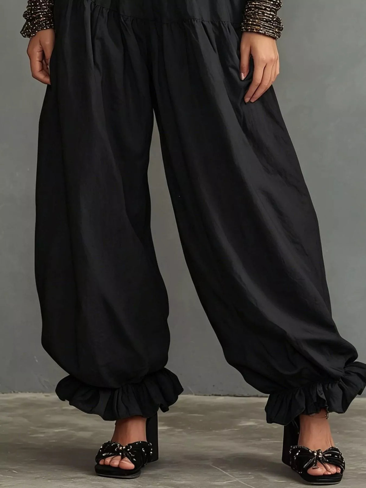 Plus size full smocked ruffle hem wide-leg pants by Plush Fashion Hub, featuring flowy fabric, ruffle details, and comfortable fit.