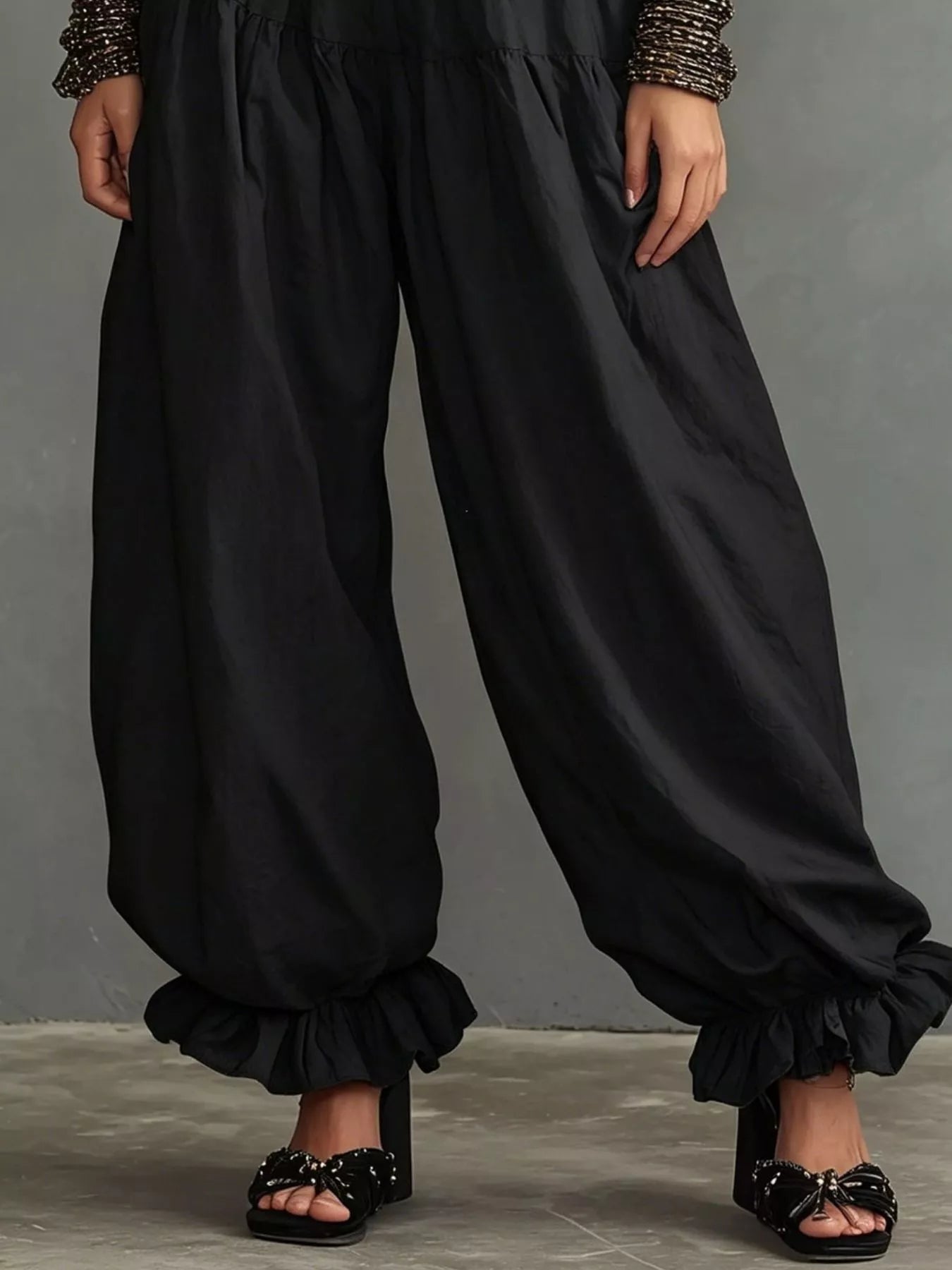 Plus size full smocked ruffle hem wide-leg pants by Plush Fashion Hub, featuring flowy fabric, ruffle details, and comfortable fit.