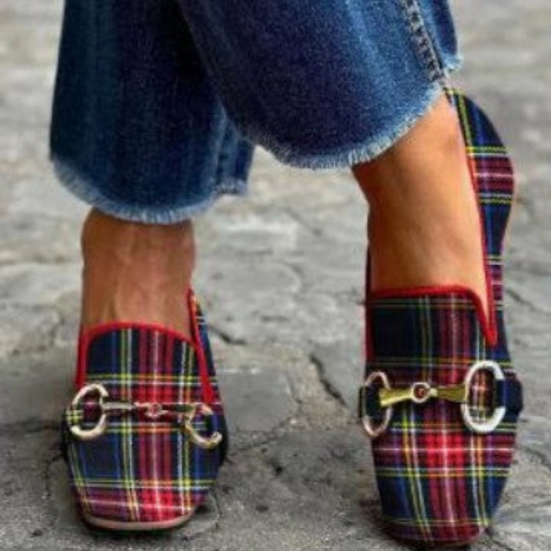 Red and blue plaid women's square toe flats with buckle detail, casual footwear from Plush Fashion Hub.