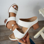 Open toe block heel sandals by Shopimist featuring stylish beige straps and chunky heels, perfect for summer wear.