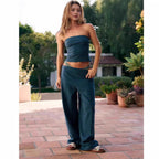 Women's striped tube top and matching pants set from FitiqueFit, casualwear 2-piece modal outfit, featuring a fitted tube top and wide-leg pants.