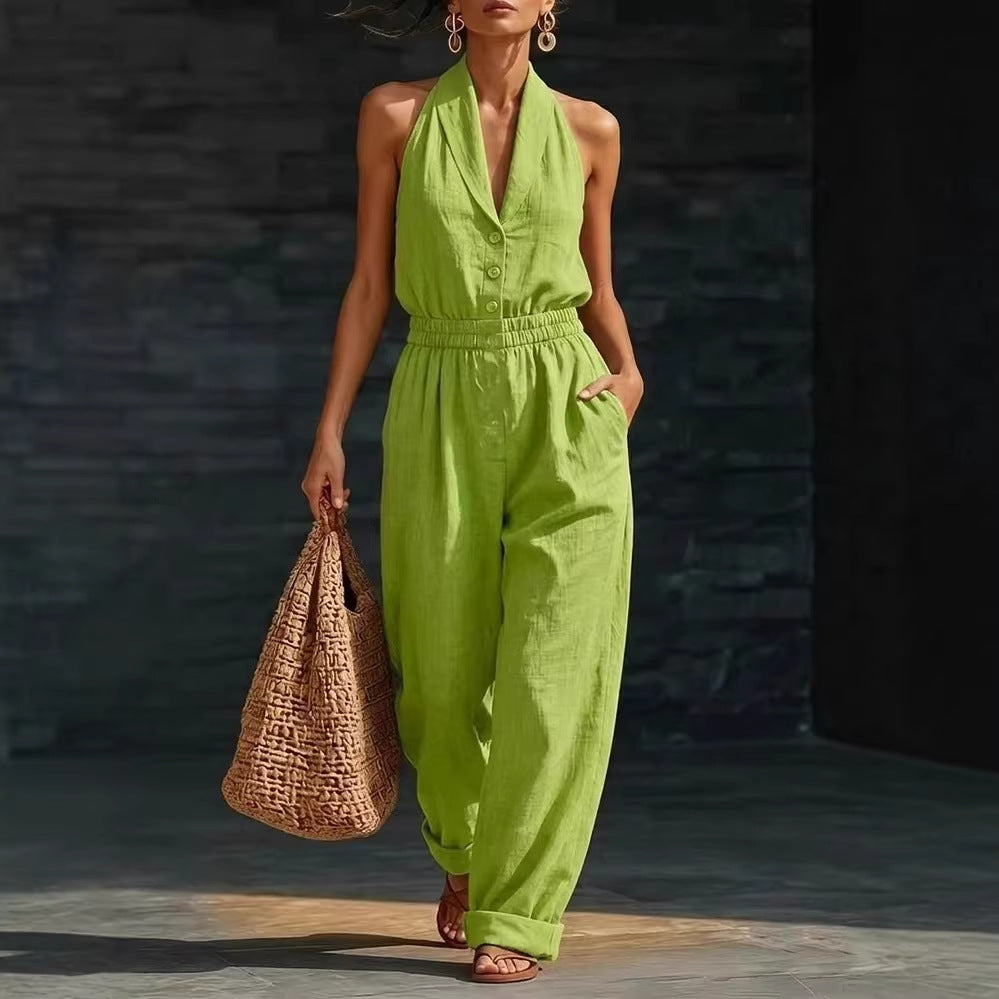 Women's knitted V-neck slim-fit cropped jumpsuit in casualwear style, designed by Plush Fashion Hub.