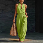 Women's knitted V-neck slim-fit cropped jumpsuit in casualwear style, designed by Plush Fashion Hub.