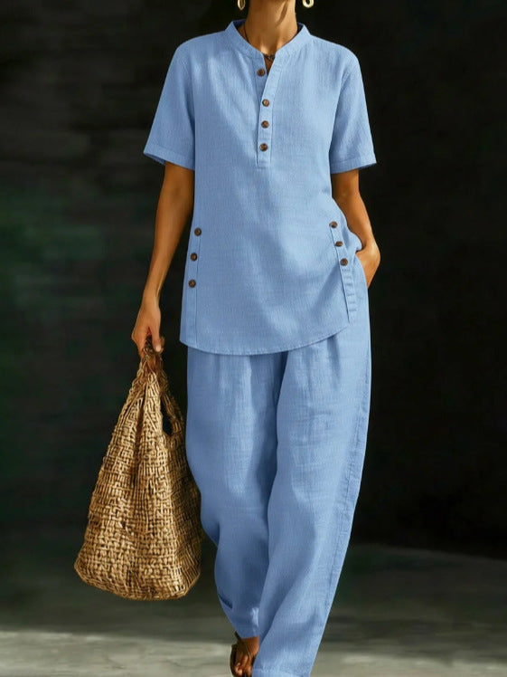 FitiqueFit two-piece set with three-quarter sleeve shirt and wide-leg pants in solid color, casual stylish outfit.