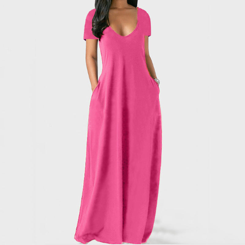 Summer NewWomen's Plus Size Solid Color Dress Sexy Deep V Neck Short Sleeve Long Dress