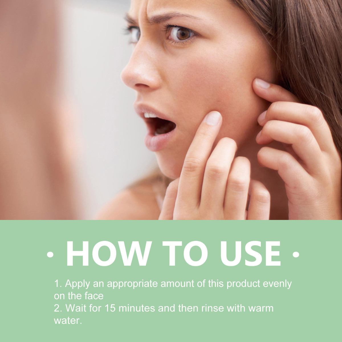 Woman looking in a mirror at her face, with text overlay: How to Use, steps for application.