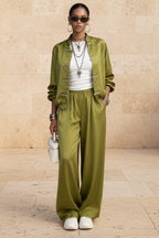 Women's Satin Two-Piece Set — Frog Button Jacket & Wide Leg Pants