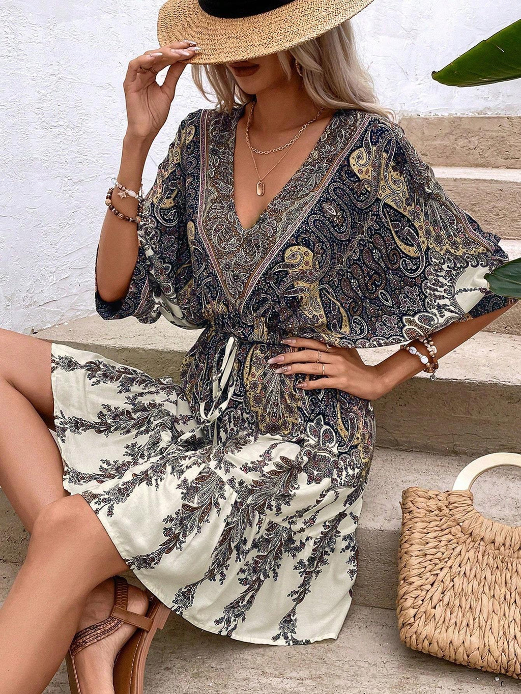 Paisley print batwing sleeve tassel tie front ruffle hem dress by FitiqueFit, casualwear with flowing sleeves and boho style.