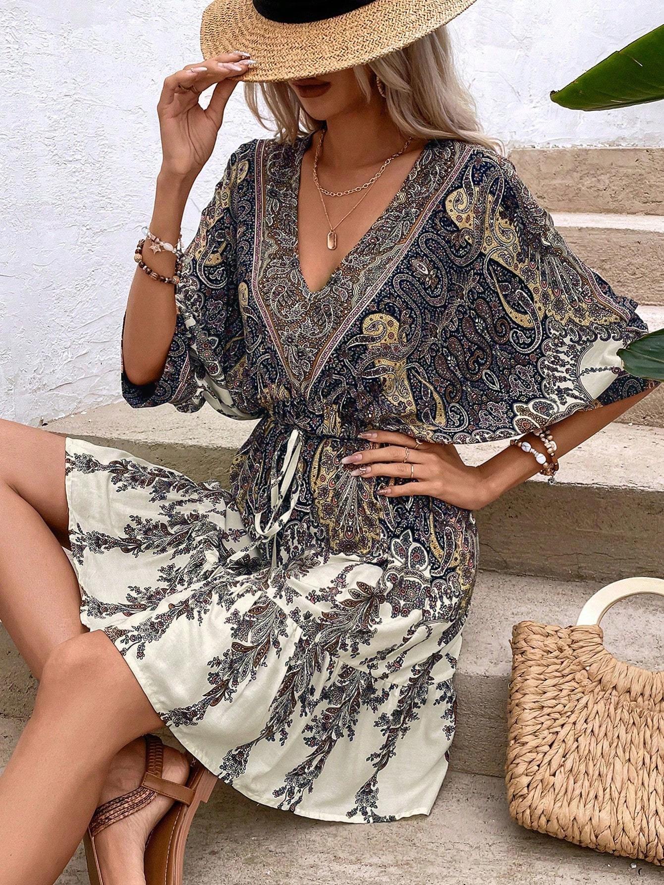 Paisley print batwing sleeve tassel tie front ruffle hem dress by FitiqueFit, casualwear with flowing sleeves and boho style.
