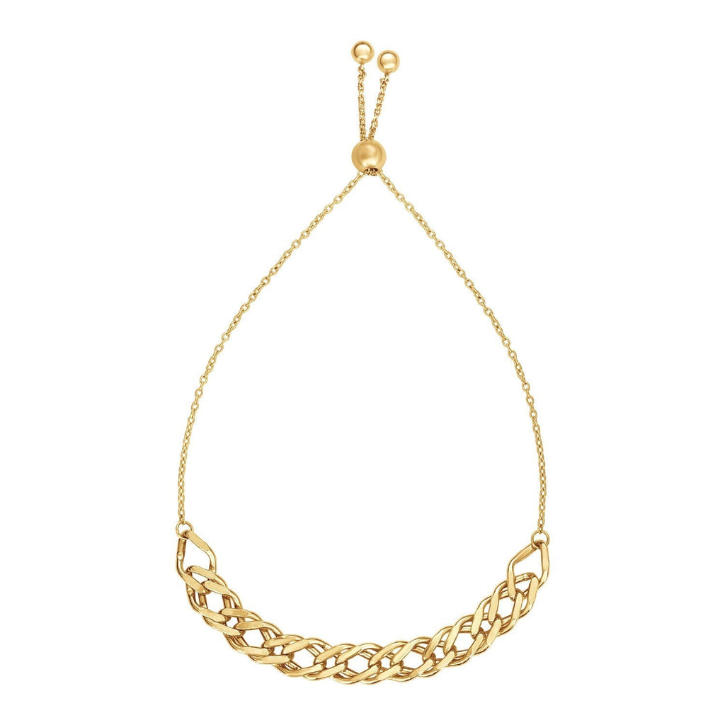 Adjustable 14k yellow gold chain bracelet with a delicate link design, showcasing a stylish and versatile jewelry piece.