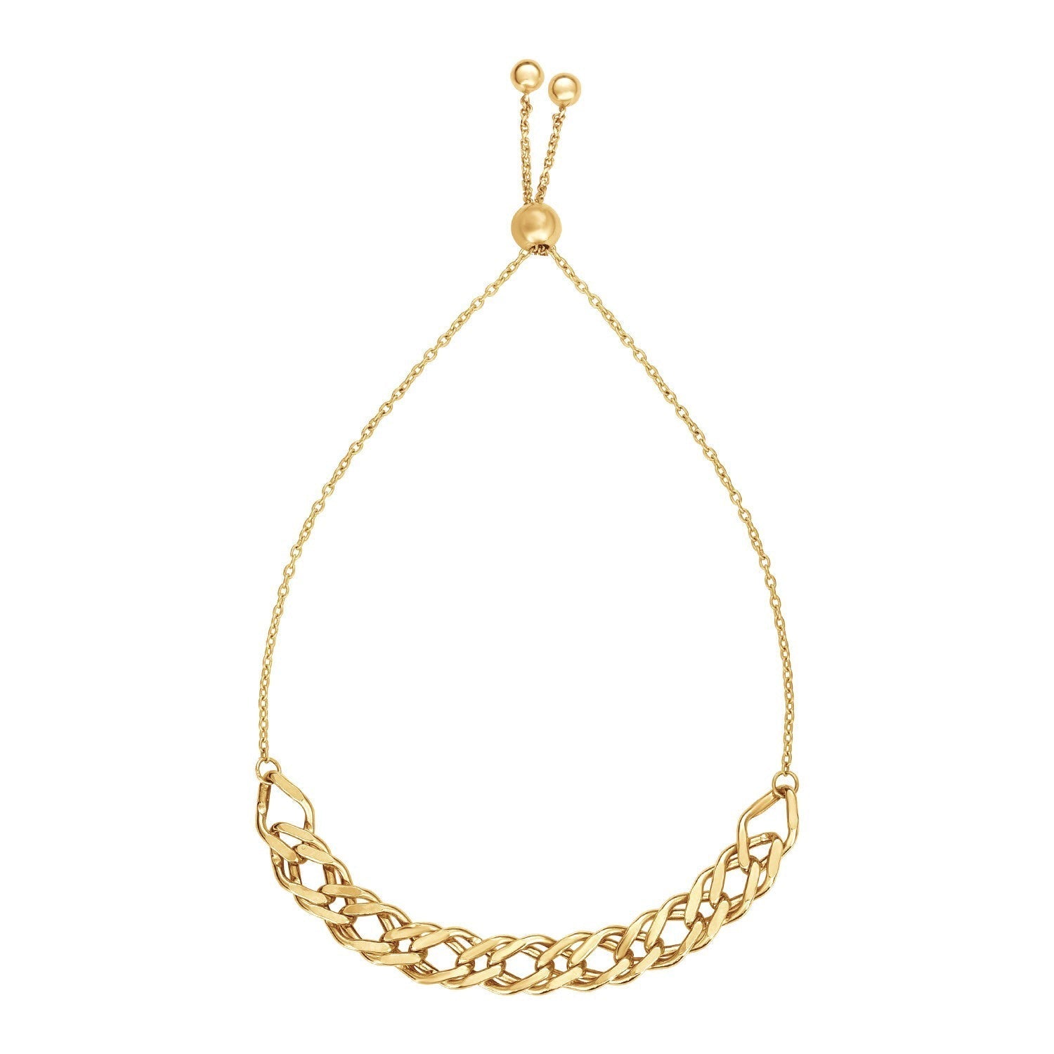 Adjustable 14k yellow gold chain bracelet with a delicate link design, showcasing a stylish and versatile jewelry piece.