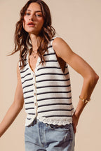 Women's striped knit sweater vest with crochet trim, button-down front, from Plush Fashion Hub, layered style with cozy details
