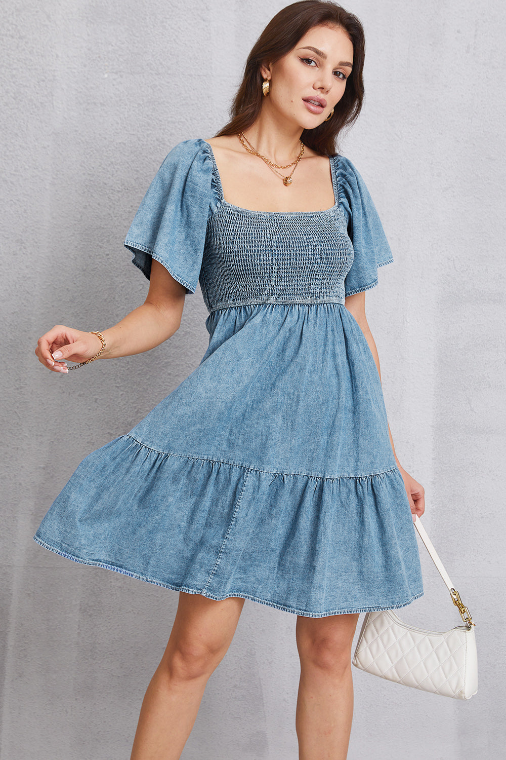 VYSN smocked square neck mini denim dress, stylish sleeveless fashion dress with fitted bodice and flared skirt, casual summer wear