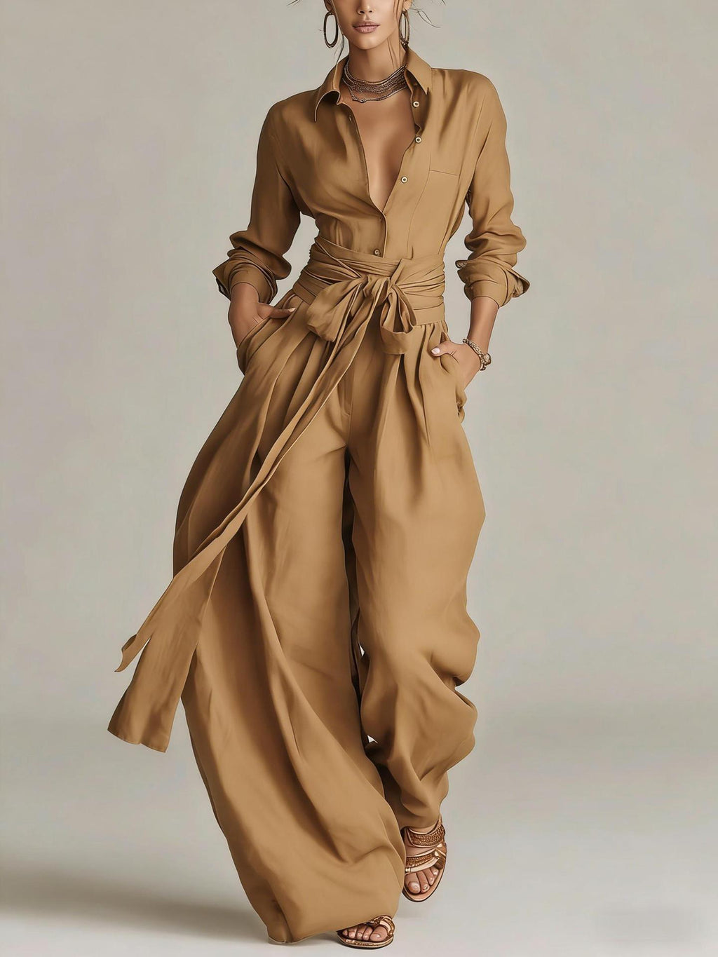 Solid color collar top high waisted pants two-piece set