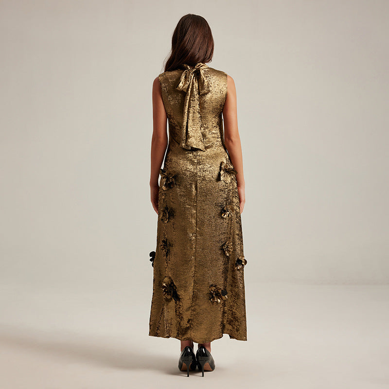 Three-dimensional floral sleeveless A-line dress by Plush Fashion Hub, casualwear with vibrant flower details and a flowy silhouette.