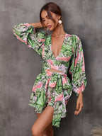 Cutout Front Printed Long Sleeve Romper