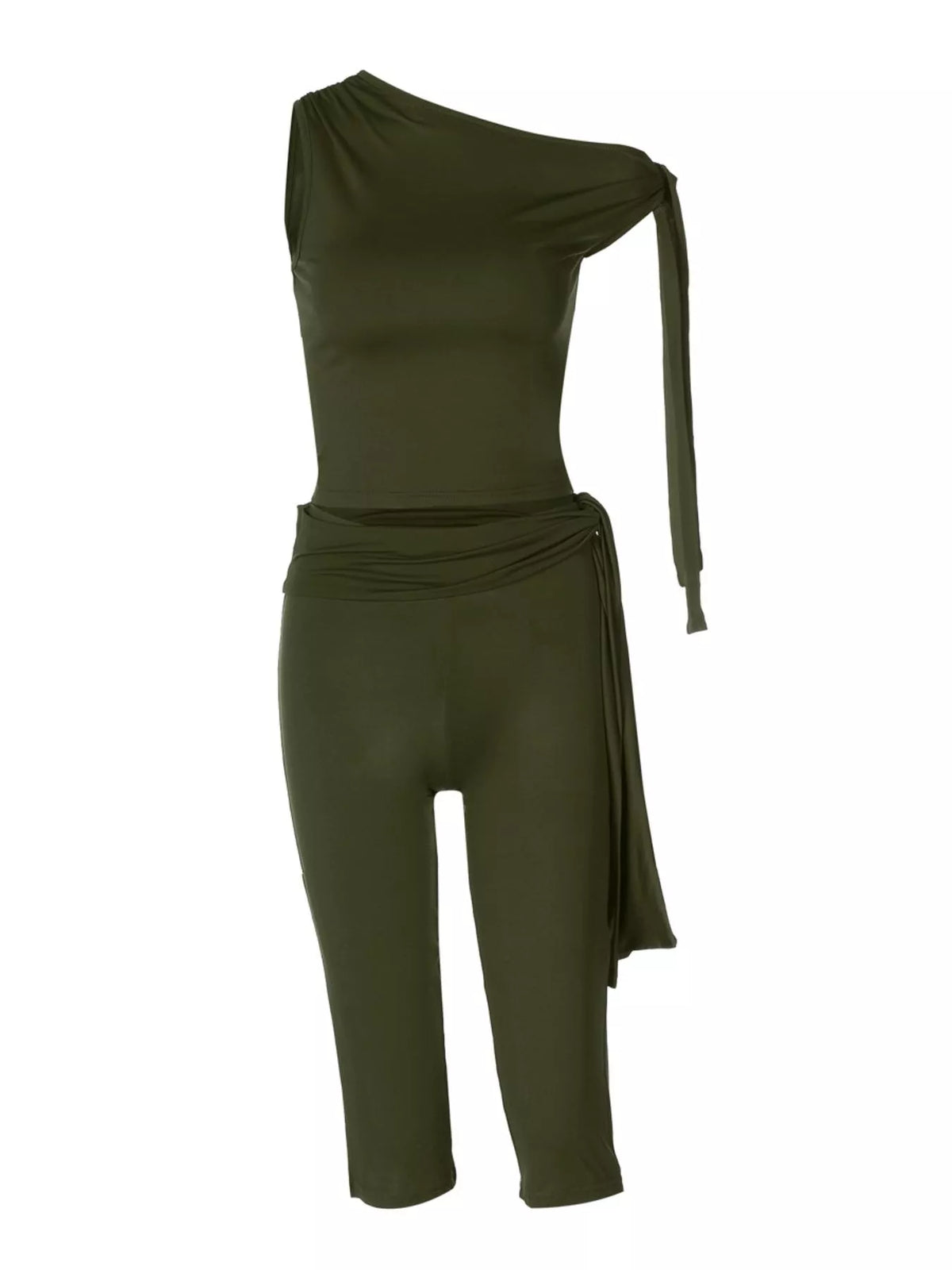 Asymmetrical one-shoulder top and matching capris set by Plush Fashion Hub, stylish casual outfit for women.