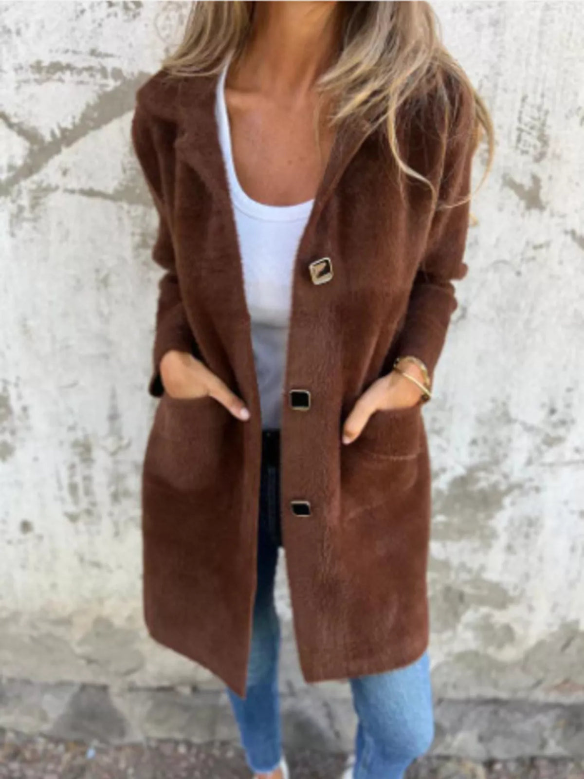 Plus size longline coat with button-down long sleeve design by Simply Love, stylish and warm outerwear for cold weather.