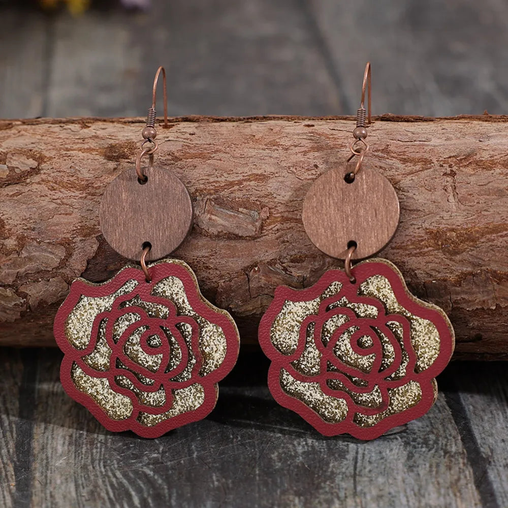 Wooden alloy rose-shaped dangle earrings from Plush Fashion Hub, featuring floral design and elegant hanging style.