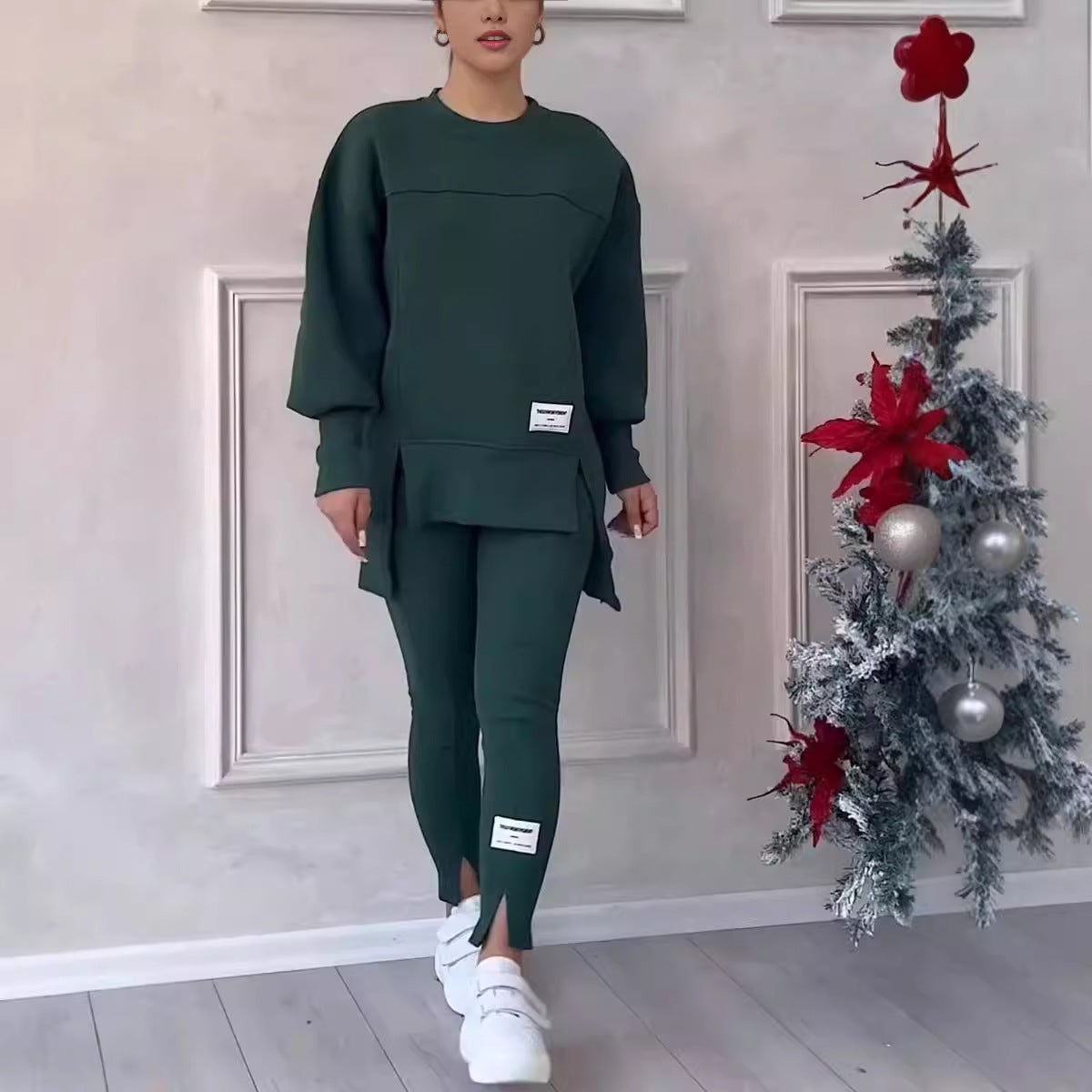 Women's solid color 2-piece casualwear set by Plush Fashion Hub, featuring a comfortable top and matching pants.