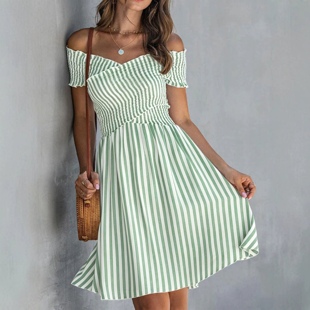 Women's off-shoulder striped midi dress by FitiqueFit featuring a waist-cinching design, perfect for casualwear.