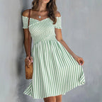 Women's off-shoulder striped midi dress by FitiqueFit featuring a waist-cinching design, perfect for casualwear.