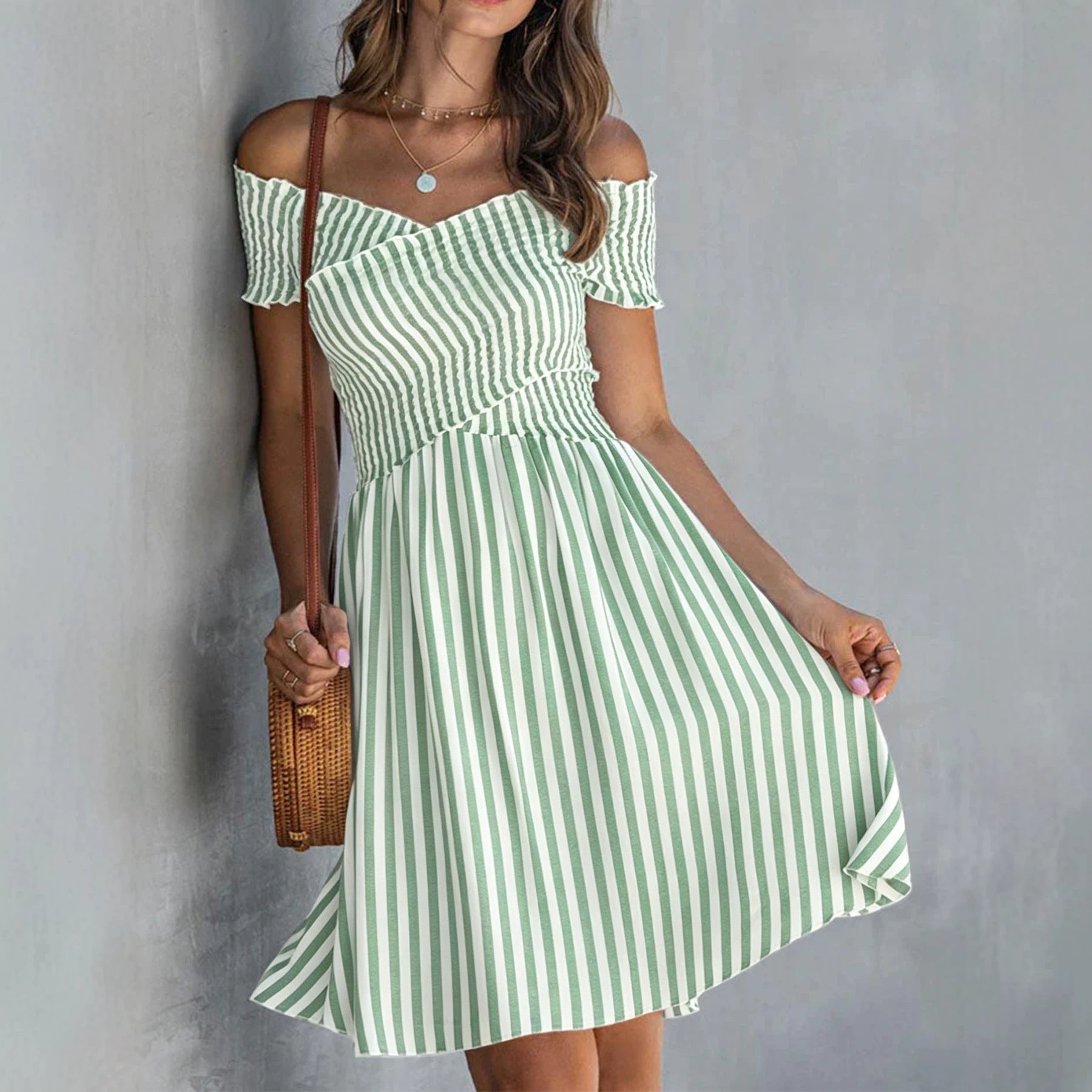 Women's off-shoulder striped midi dress by FitiqueFit featuring a waist-cinching design, perfect for casualwear.