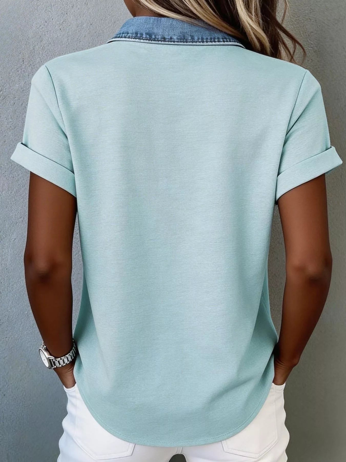 Plush Fashion Hub denim trim short sleeve shirt featuring a classic design with denim accents on a lightweight top.