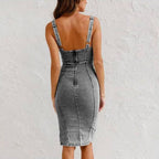 Casual U-neck suspender denim jean dress for women by FitiqueFit, featuring adjustable straps and a relaxed fit.
