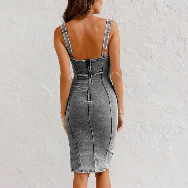 Casual U-neck suspender denim jean dress for women by FitiqueFit, featuring adjustable straps and a relaxed fit.