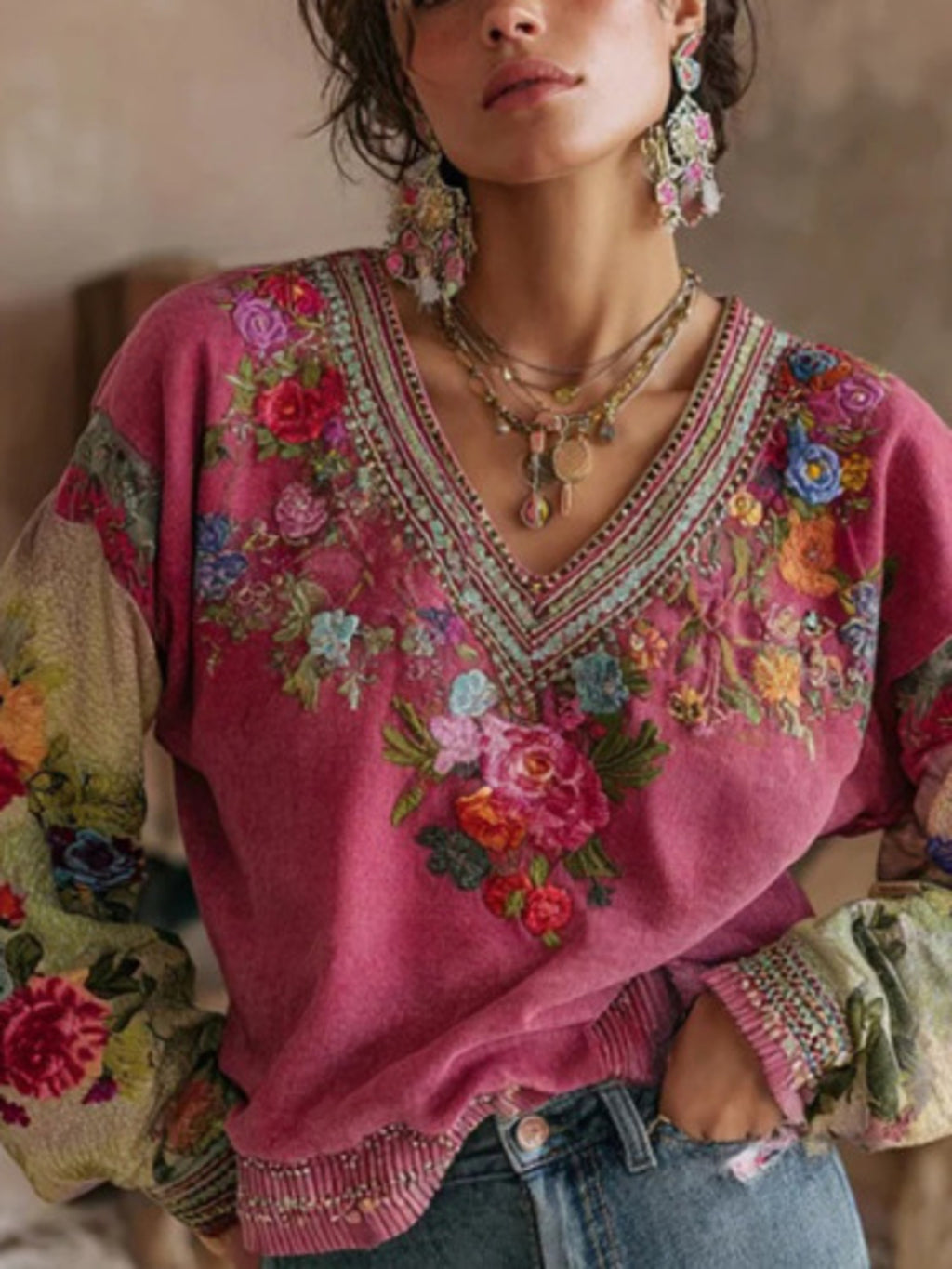 Plus size floral embroidered V-neck blouse by Plush Fashion Hub, showcasing intricate embroidery and elegant design.