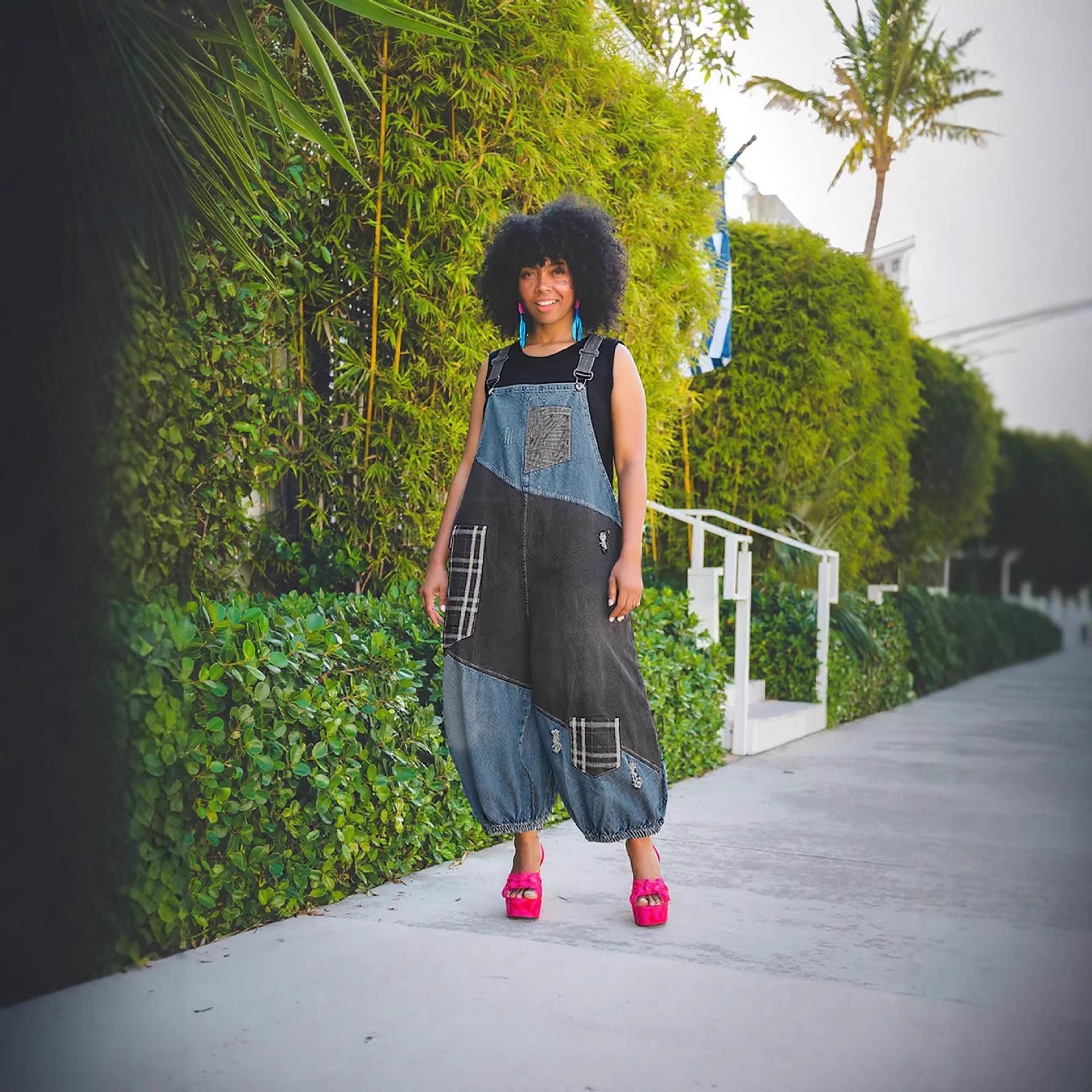 Ripped Patchwork High-Waisted Denim Overalls