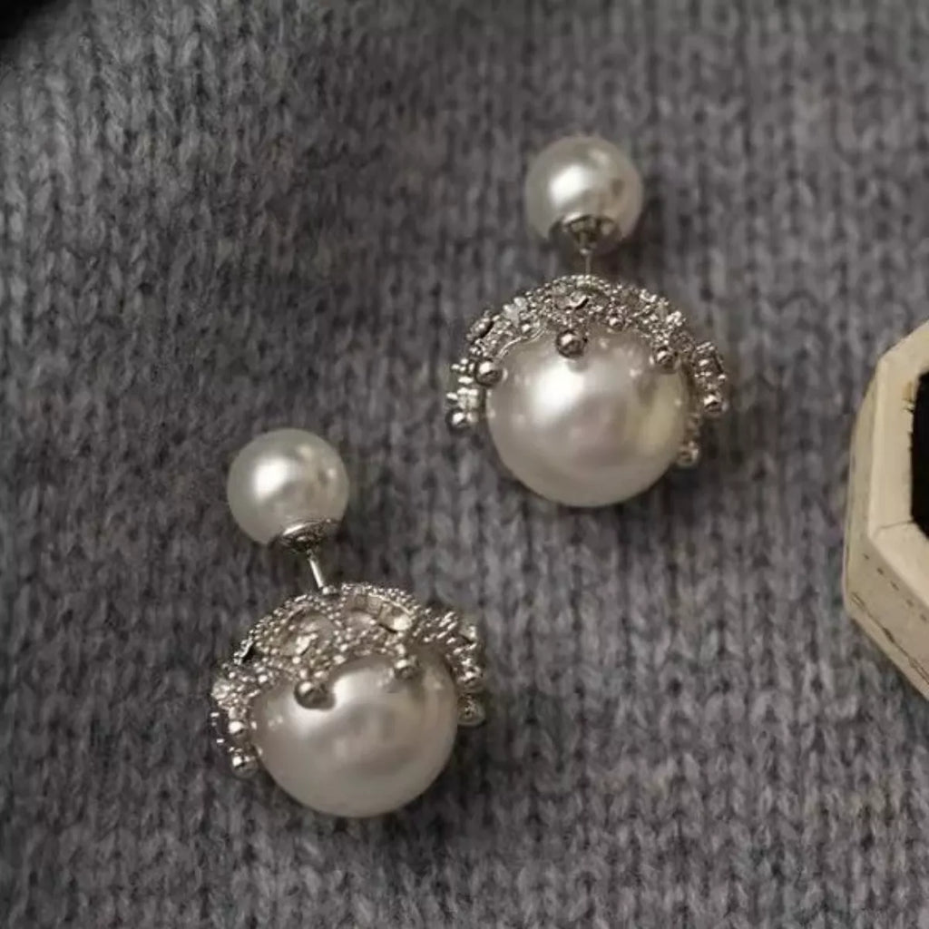 Shopimist pearl stud earring with round white pearl on a silver post, close-up view of elegant jewelry for women.
