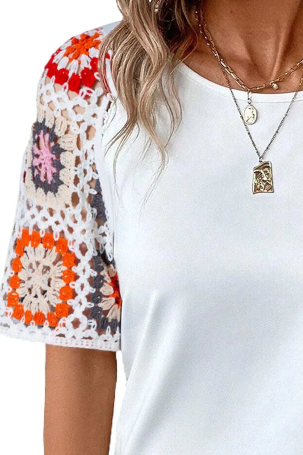 Plush Fashion Hub geometric print round neck short sleeve blouse, stylish tops with modern pattern and comfortable fit.