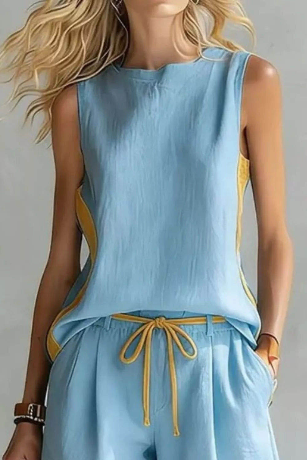 Contrast trim sleeveless tank and shorts loungewear set from Trendsi, featuring comfortable fabric and stylish design.