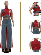 Zip front crop top and striped pants set by Shopimist, featuring a stylish crop top with a front zipper and matching striped pants.