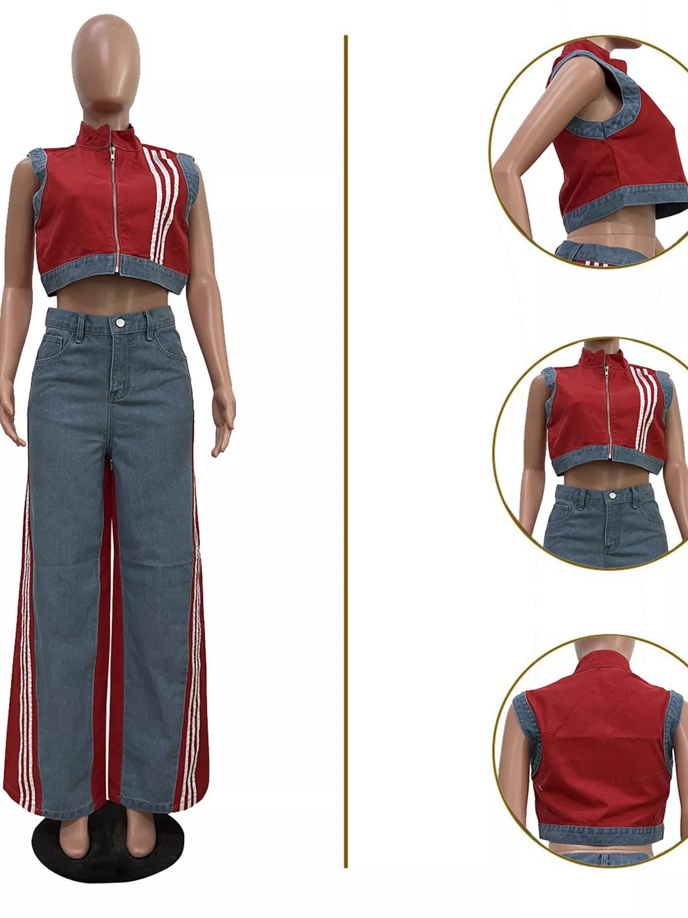 Zip front crop top and striped pants set by Shopimist, featuring a stylish crop top with a front zipper and matching striped pants.