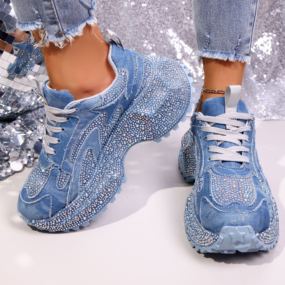 Rhinestone lace-up sandal sneaker by Plush Fashion Hub featuring sparkling rhinestones and stylish design