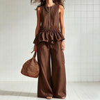 Women's sleeveless pleated vest and wide-leg pants streetwear set by Plush Fashion Hub, featuring stylish two-piece fashion ensemble.