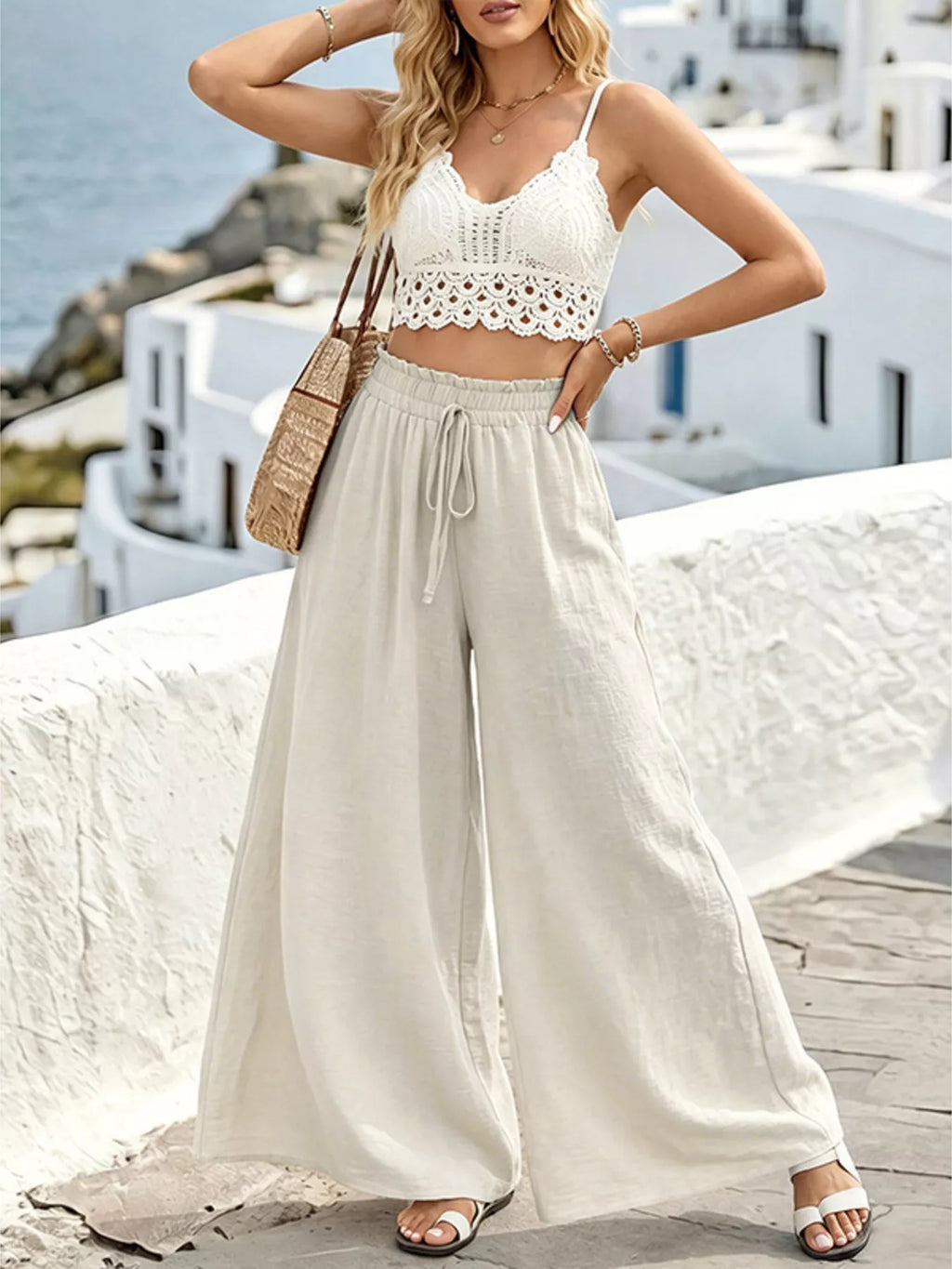 Wide leg drawstring pants from Shopimist featuring a relaxed fit and adjustable waist, shown in a neutral fabric with a casual style.